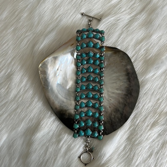 Lucky Brand turquoise and silver wide multitiered Cuff chain bracelet - Picture 9 of 12